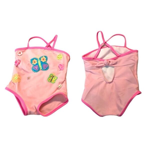 Wave Zone | Girl’s Pink Butterflies One Piece Bathing Suit Swimsuit Neon - Picture 1 of 8